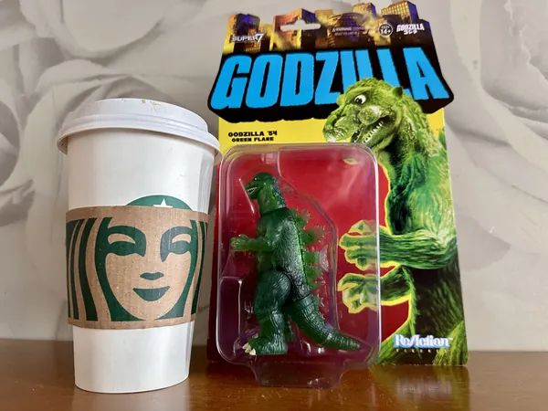 Godzilla '54 Green Flare: Still on the card, with coffee
